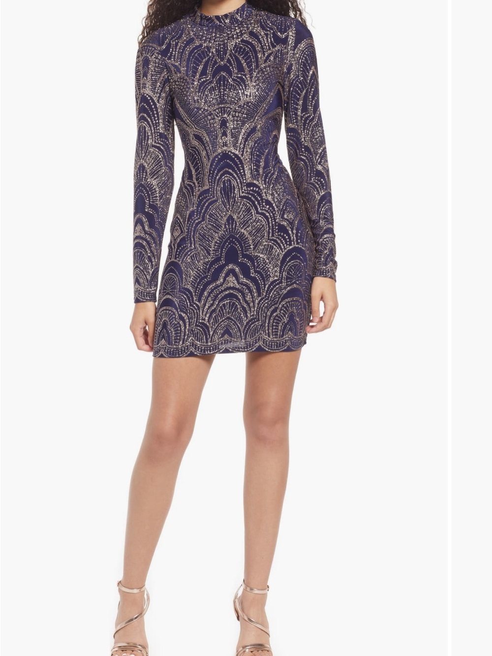 Navy Blue Gold Glitter Long-Sleeve Mini Bodycon Dress, Backless (mock neck)